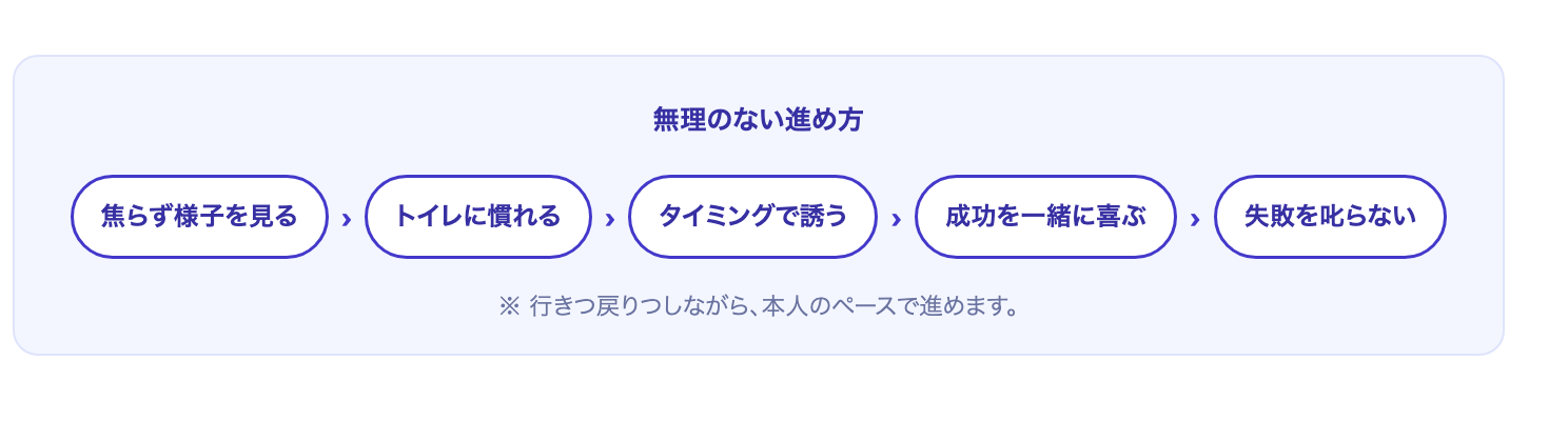 焦らず様子を見る→トイレに慣れる→タイミングで誘う→成功を喜ぶ→失敗を叱らない、の5ステップの図